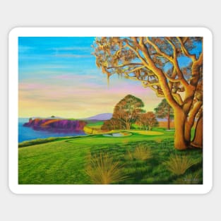 Colorful painting of the 6th hole at Pebble Beach Golf Course Sticker